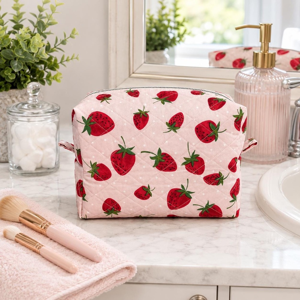 Strawberry Makeup Bag, Quilted Cosmetic Bag, Travel Toiletry Bag, Organizer Bag